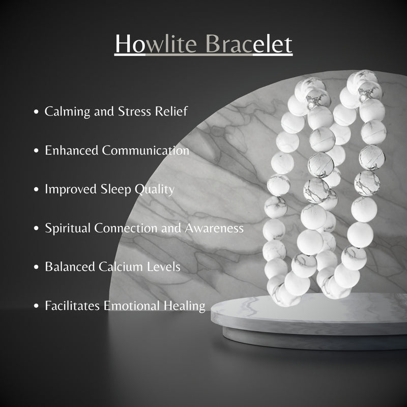 Howlite Bracelet for Women and Men 8mm Natural Crystal Stone Semi Precious Gemstone Jewellery for Healing (White)