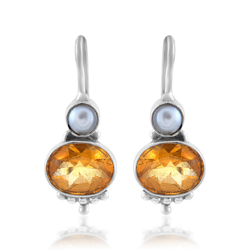 Handcrafted in pure 925 sterling silver Citrine Stone Oval Shape Earrings vibrant look which makes it a perfect choice to wear on occasion Stud With Top OF the Earring With Pearl Attach Look Nice After Wear With Background White 