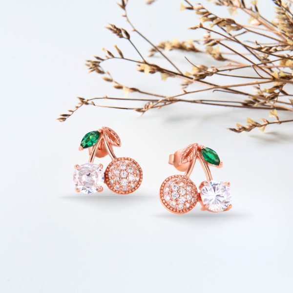 Charming Cherry Drop Stud Rose Gold Plated CZ Earrings