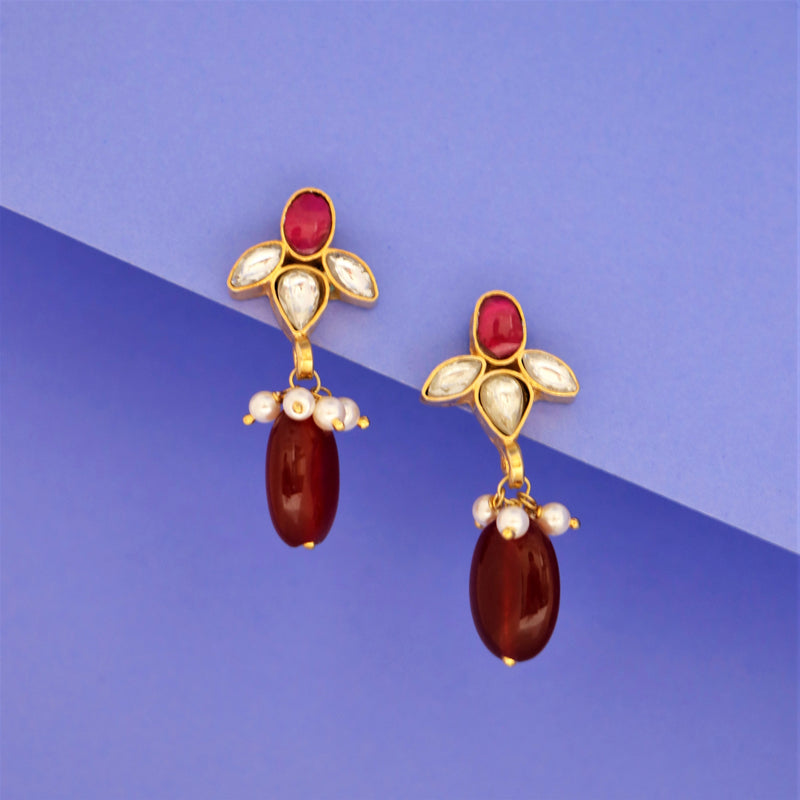 Handcrafted in 925 Sterling Silver Earring Red Onyx Gem stone With Gold Rhodium Polish With Purple Background