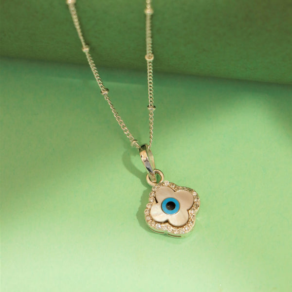 Evil Eye Silver Clover Pendant With Link Chain