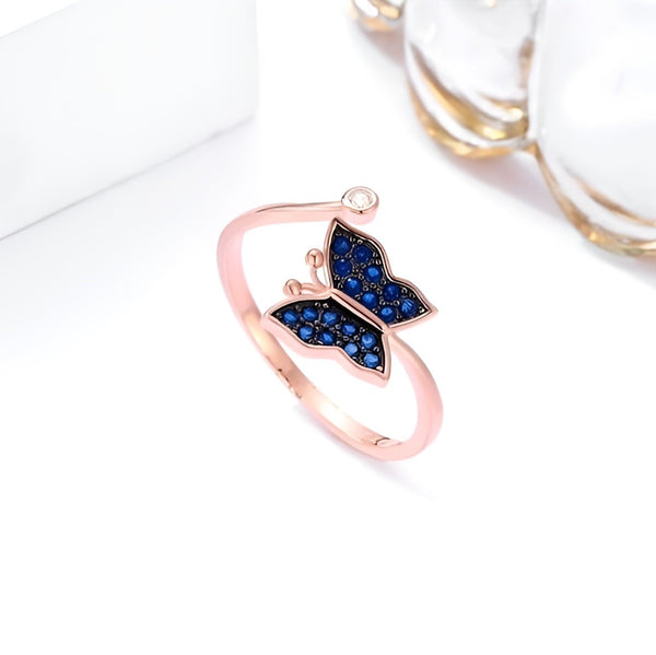 Rose Gold-Plated Butterfly Blue Crystal Studded Silver Ring