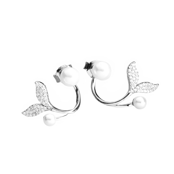 A pair of pearl and diamond earrings designed to look like whales, with the pearl as the body and the diamond-encrusted tail.