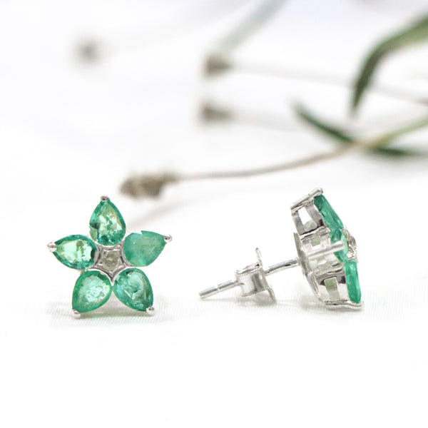 Handcrafted in 925 Sterling Silver Emerald Stone Earring  Floral Shape Studded Cubic Zirconia At The Center Of The Earring  Design 