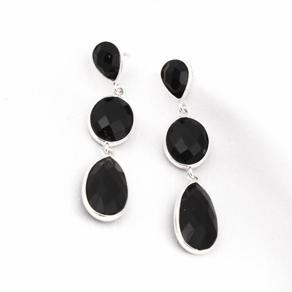 Handcrafted in 925 Sterling Silver Earring Black Onyx Three Layer Gem stone  In Pear Shape 