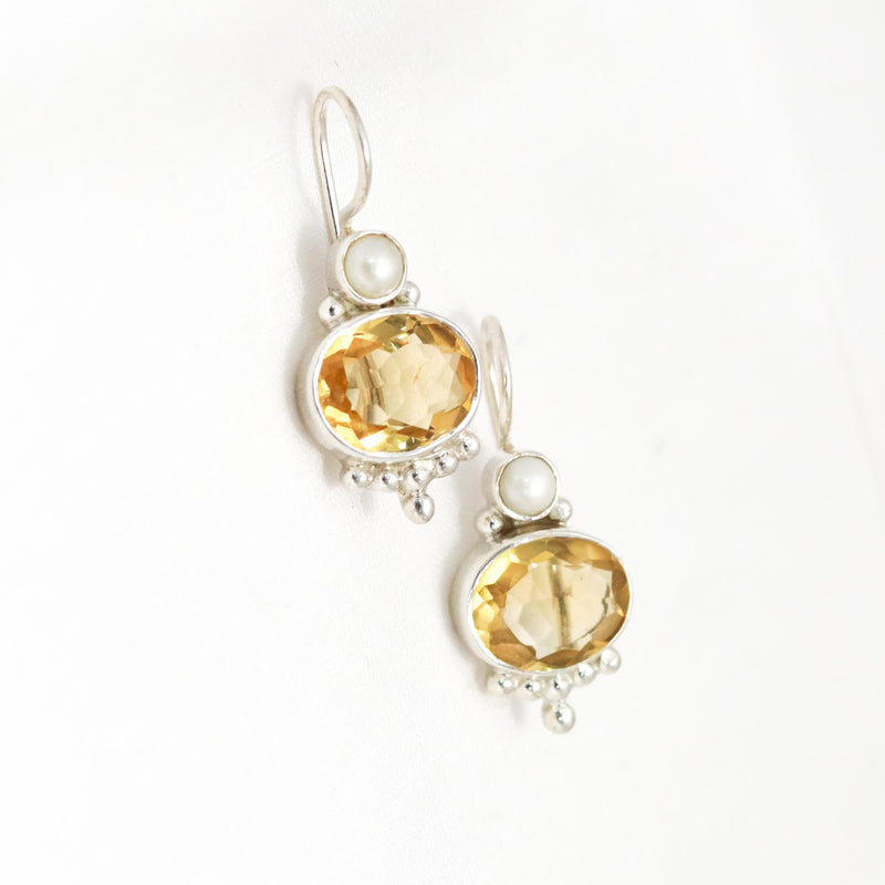 Handcrafted in pure 925 sterling silver Citrine Stone Oval Shape Earrings vibrant look which makes it a perfect choice to wear on occasion Stud With Top OF the Earring With Pearl Attach Look Nice After Wear With Background White  Back PIC  Of Earring 
