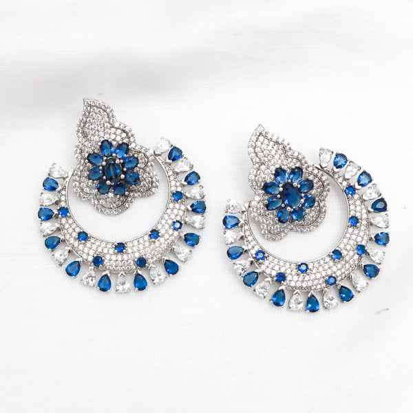 Handcrafted in 925 Sterling Silver Earring Blue Sapphire  Gem stone Half Cut Moon Design Studded With Cubic Zirconia
