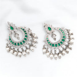 Handcrafted in 925 Sterling Silver Earring Green Emerald Gem stone Half Cut Moon DEsign  Studded With Cubic Zirconia