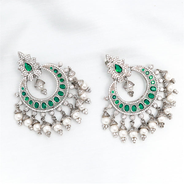 Handcrafted in 925 Sterling Silver Earring Green Emerald Gem stone Half Cut Moon Studded With Cubic Zirconia
