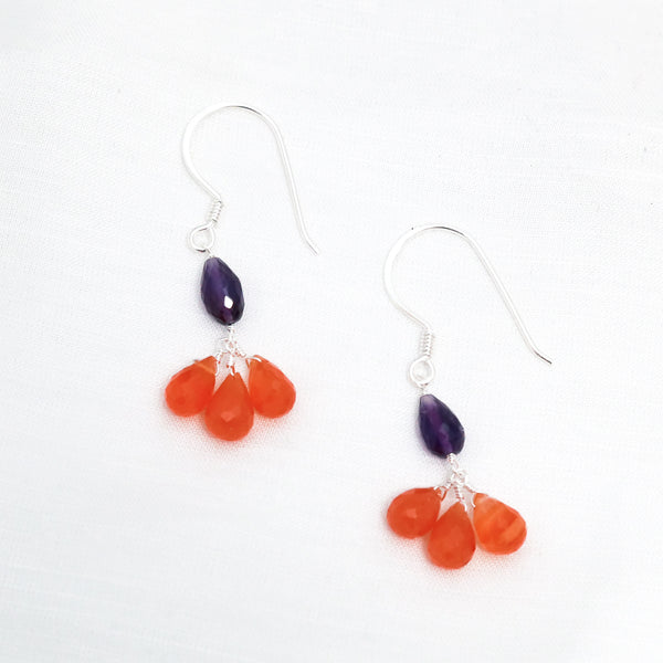 Handcrafted 925 Sterling Silver Red Onyx & Amethyst Drop Earring  With White Background 