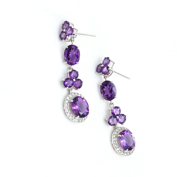 Showcasing Oval  Amethyst Surounded By Halo Of White Topaz  Gem Stone  Handcrafted In 925 Sterling Silver  Dangle Earring 