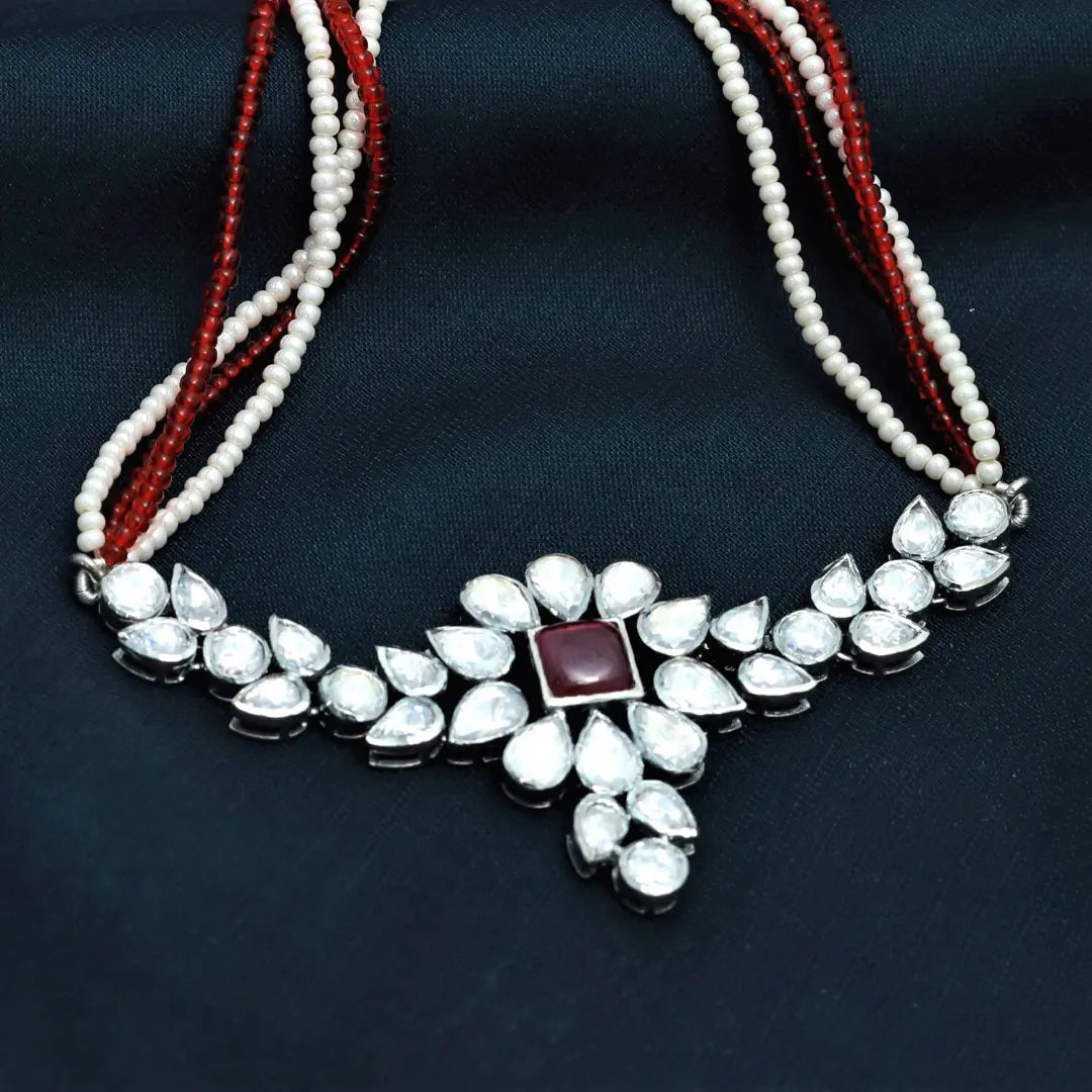 Red Onyx Polki Sterling Silver Choker Set - Anjoriya Jewels