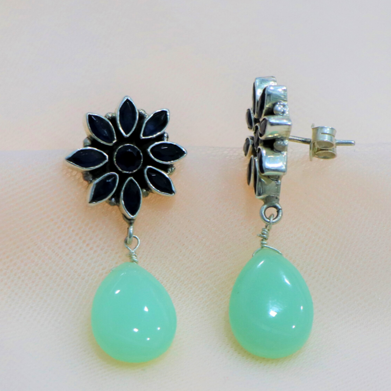 Handcrafted in 925 Sterling Silver Earring Chalcedony Gem stone & Flower Drop Shape With Cream Colour Background
