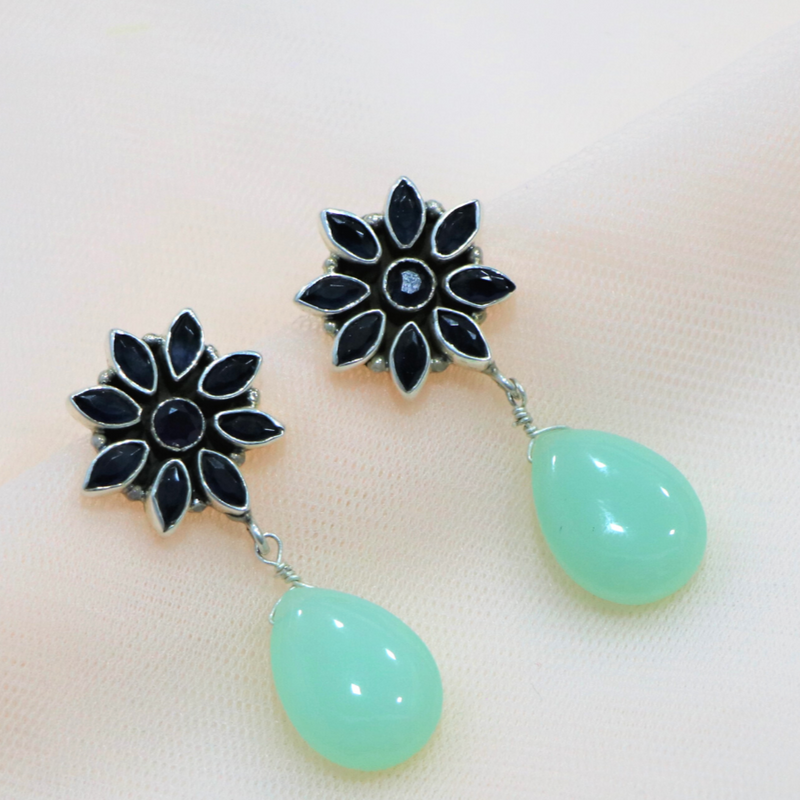 Handcrafted in 925 Sterling Silver Earring Chalcedony Gem stone & Flower Drop Shape With Cream Colour Background 