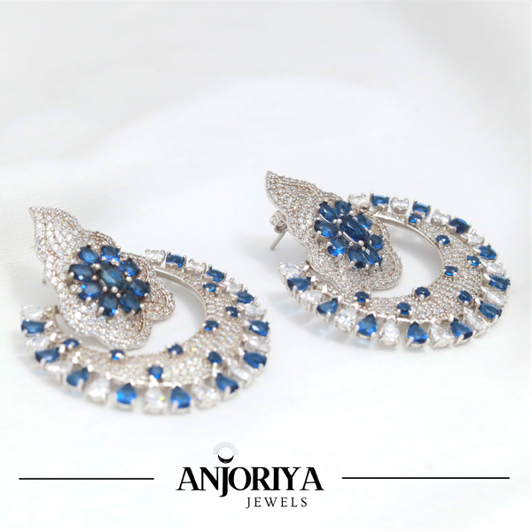 Handcrafted in 925 Sterling Silver Earring Blue Sapphire Gem stone Half Cut Moon Design Studded With Cubic Zirconia