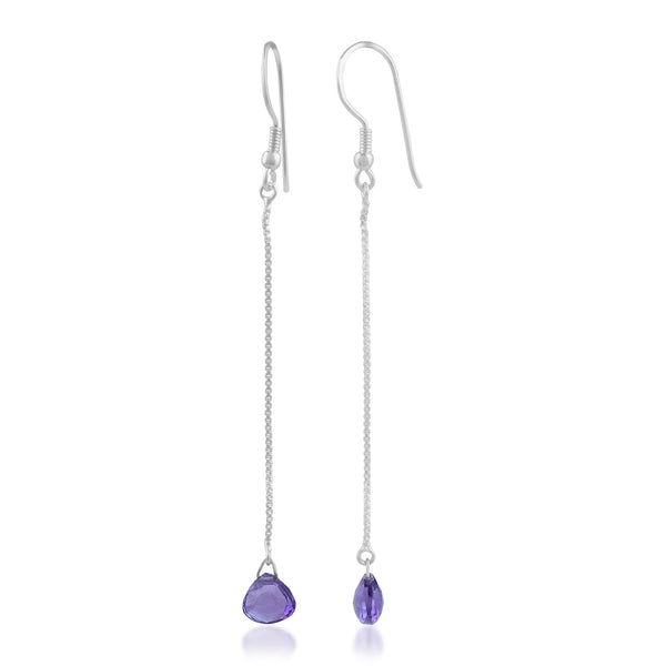 Handcrafted in 925 Sterling Silver Heart Shape Amethyst Gem Stone Studded In With Silver Chain Drop Earring With White Background 