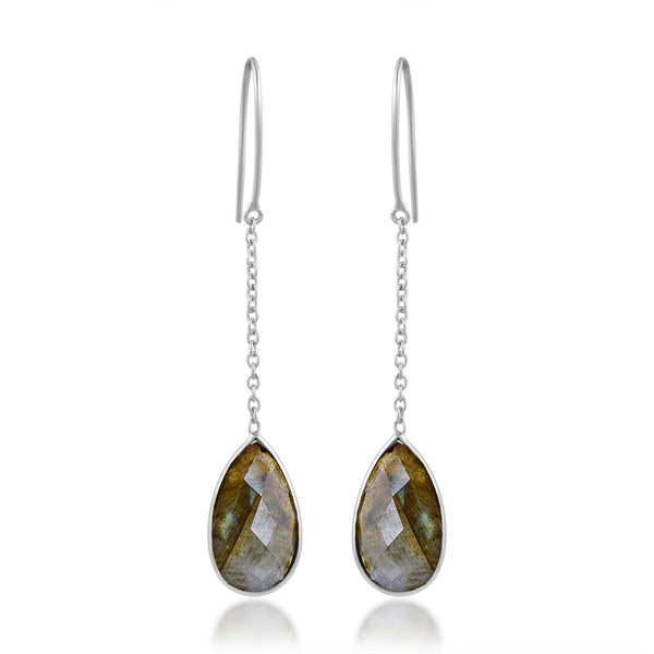 Enchating Labradorite Gem Stone Pear Earring With Curb Link Chain With White  Background