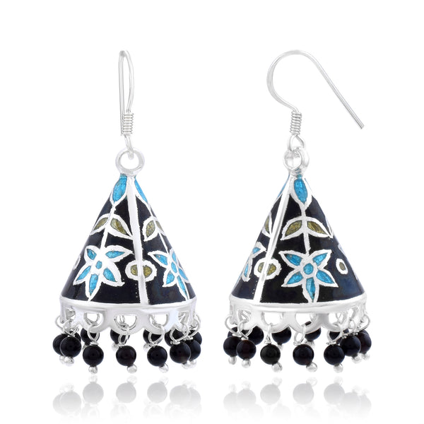 Handcrafted 925 Sterling Silver Triangle shape Traditional Handwork Meenakari Jhumki Earring Studded With Black Pearl