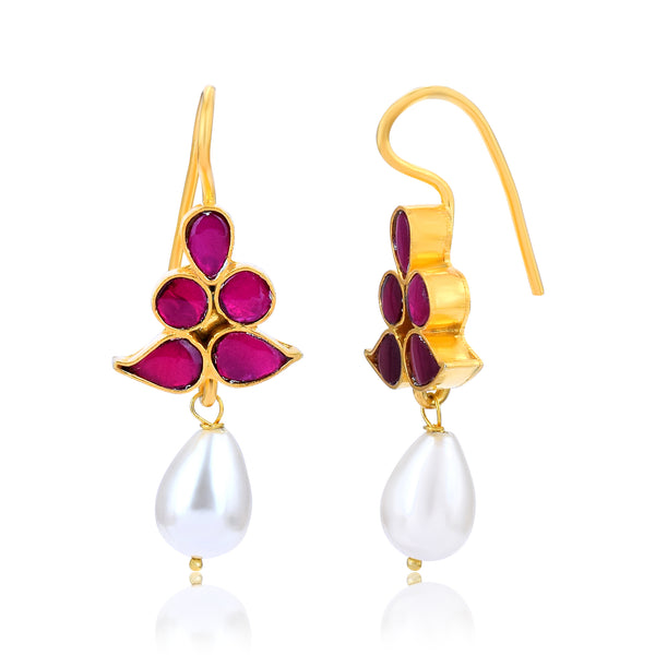 Handcrafted in 925 Sterling Silver Earring pearl drop Gem stone With Gold Rhodium Polish With White Background 
