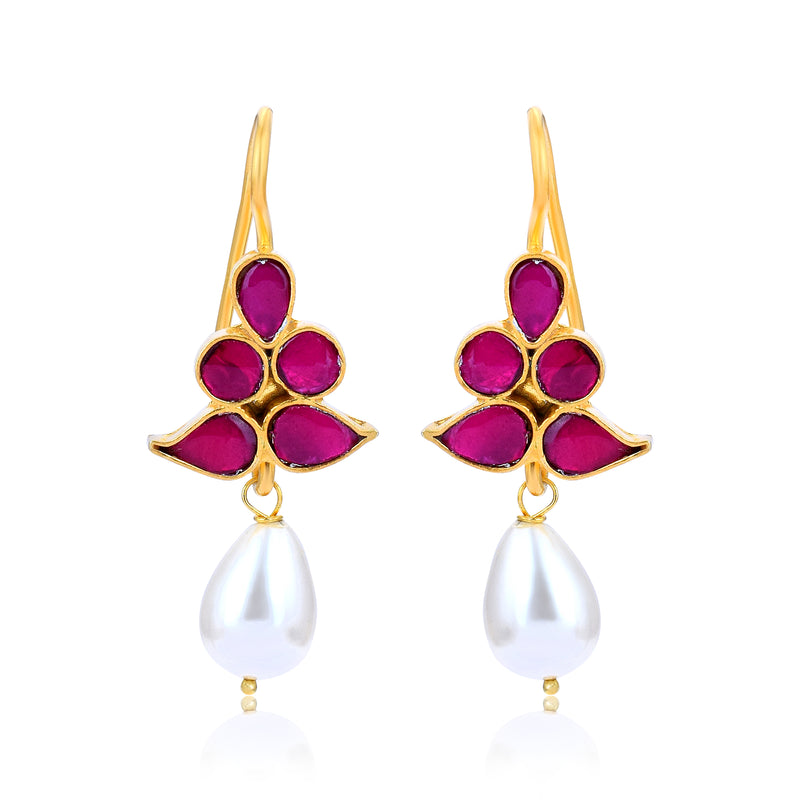 Handcrafted in 925 Sterling Silver Earring pearl drop Gem stone With Gold Rhodium Polish