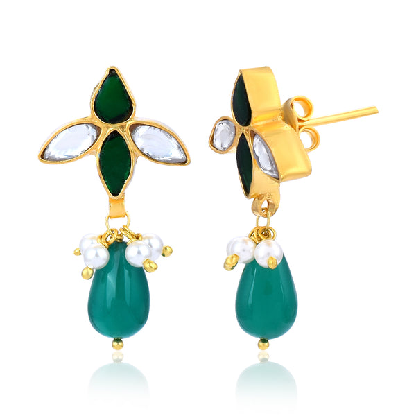 Handcrafted in 925 Sterling Silver Earring Green Onyx Gem stone With Gold Rhodium Polish With White Background 