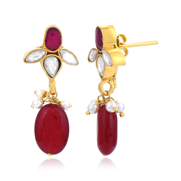 Handcrafted in 925 Sterling Silver Earring Red Onyx Gem stone With Gold Rhodium Polish With White  Background 