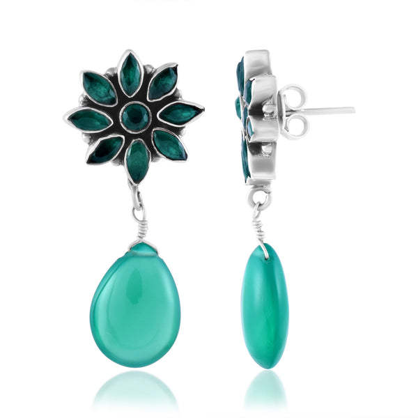 Handcrafted in 925 Sterling Silver Earring Green Onyx Gem stone With White Background & Flower Drop Shape