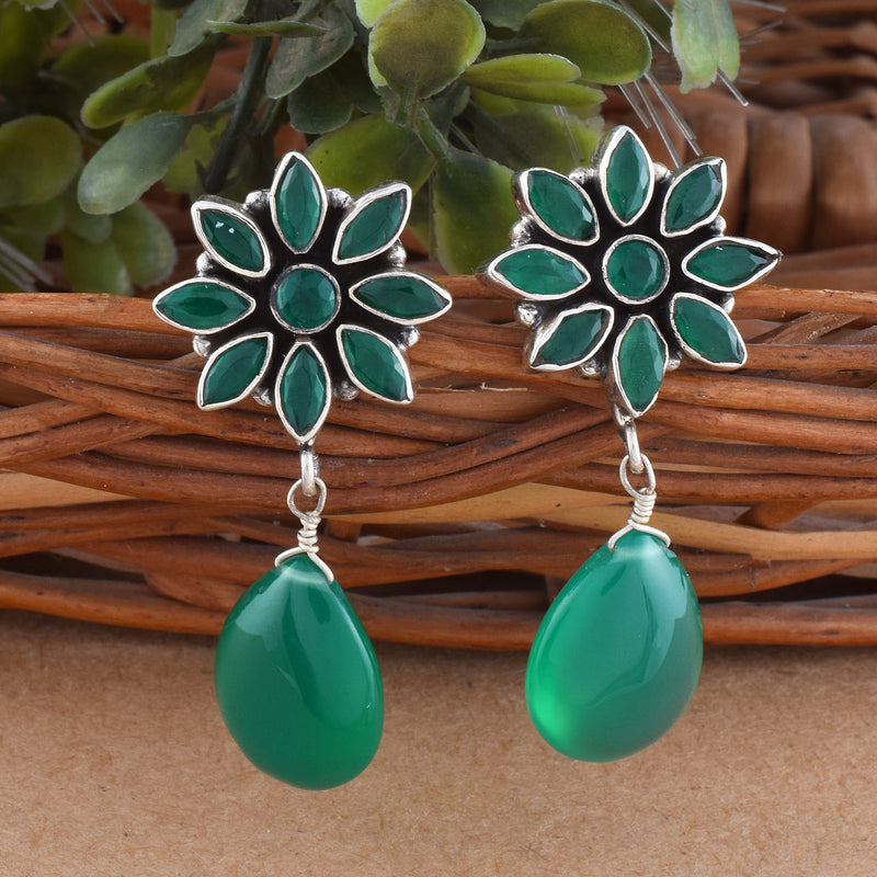 Handcrafted in 925 Sterling Silver Earring Green Onyx Gem stone With Brown  Background & Flower Drop Shape