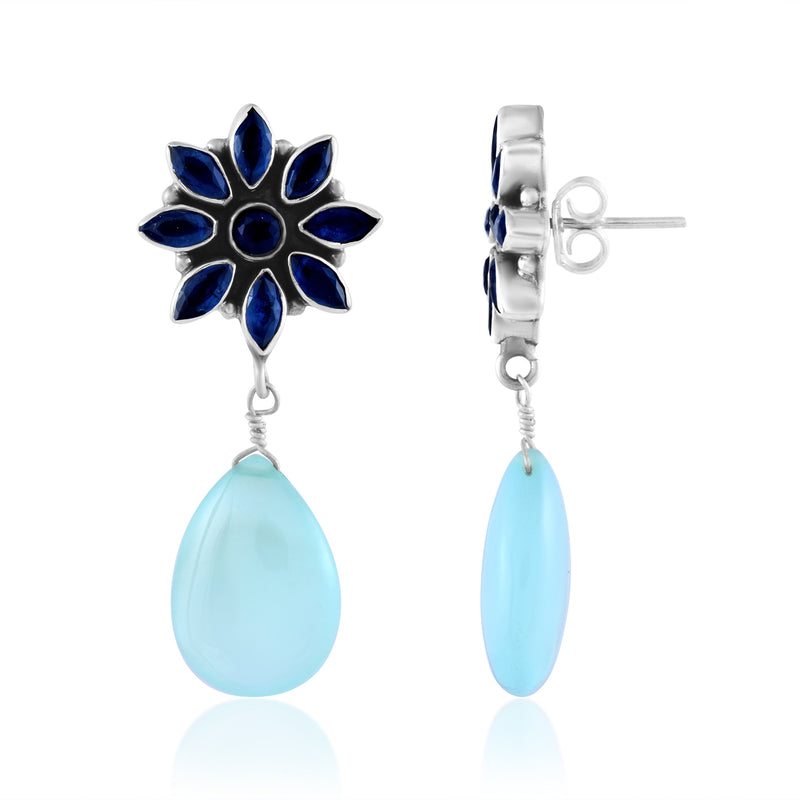 Handcrafted in 925 Sterling Silver Earring Chalcedony Gem stone & Flower Drop Shape With White  Background 