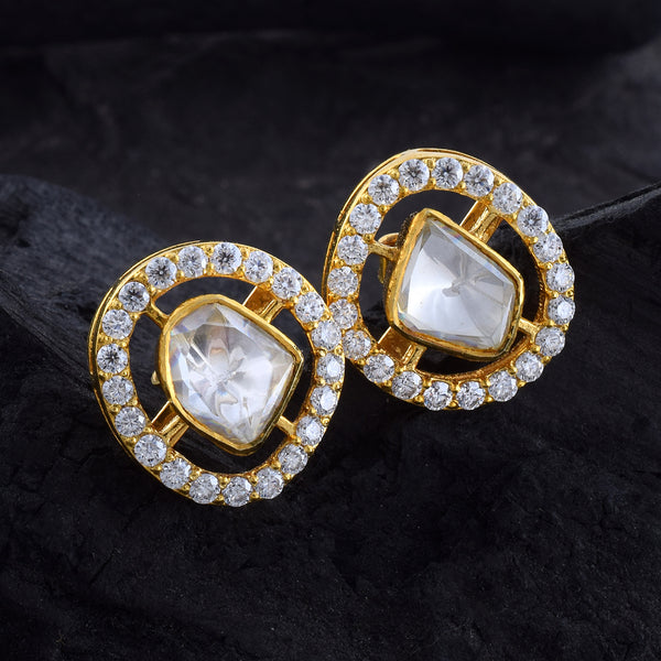 Handcrafted in 925 Sterling Silver Gold Plated Studded With  Moissanite Polki &Cubic Zirconia  In Round Shape 