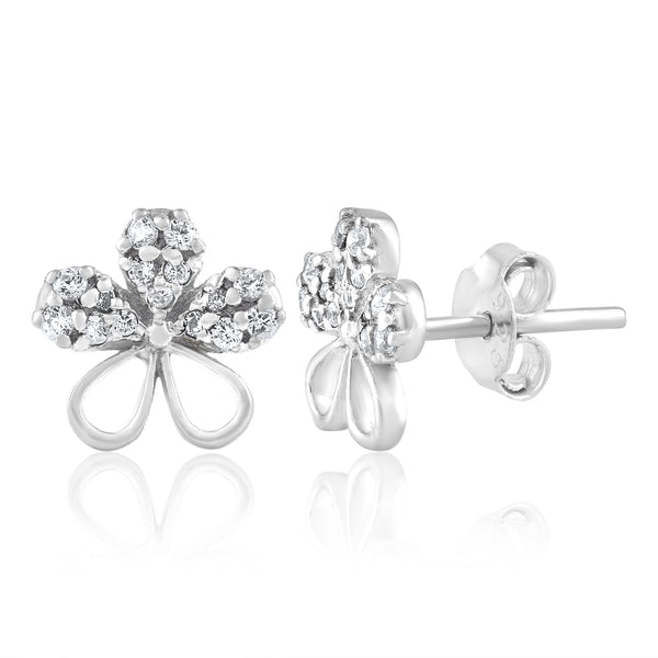 Handcrafted In 925 Sterling Silver Stud Earring Studded with Cubic Zirconia Flower Shape White Background 