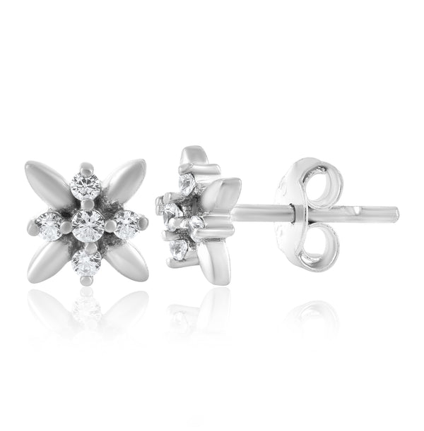 Handcrafted in 925 Sterling Silver Earring Studded With Cubic Zirconia Flower Shape With White Background 