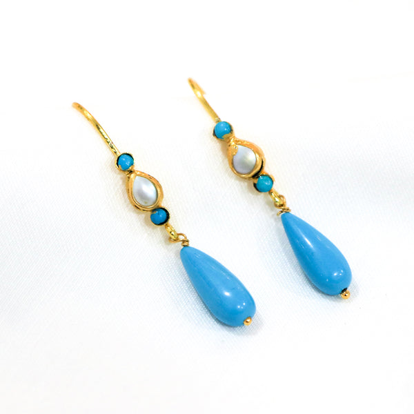 Handcrafted in 925 Sterling Silver Gold Plated Turquoise Gem Stone With Studded Pearl  Drop Shape Earring