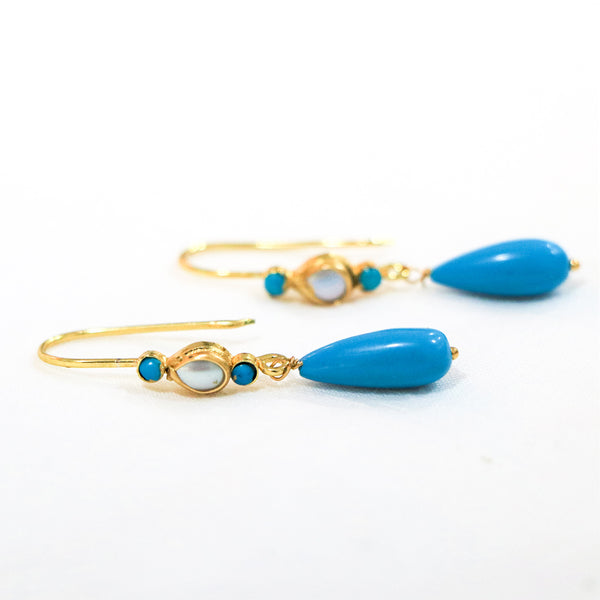 Handcrafted in 925 Sterling Silver Gold Plated Turquoise Gem Stone With Studded Pearl Drop Shape Earring With White Background 