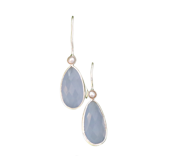 Handcrafted in 925 Sterling Silver Studded With pearl & Chalcedony Gem Stone   Teardrop Earring 
