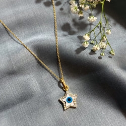 Evil Eye Star Silver Gold Polish Pendant With Link Chain