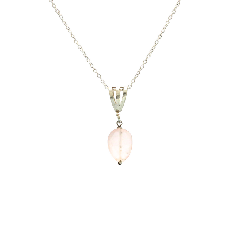 Rose Quartz Drop Sterling Silver Pendant With Link Chain