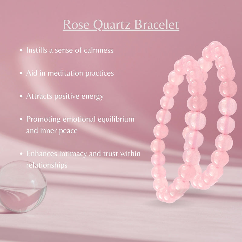 Rose Quartz Crystal with Metal Heart Charm, 8-MM Bracelet Girls Boys - Self Love Enhancer, Balances Mind & Soul, Helps in Healing & Luck