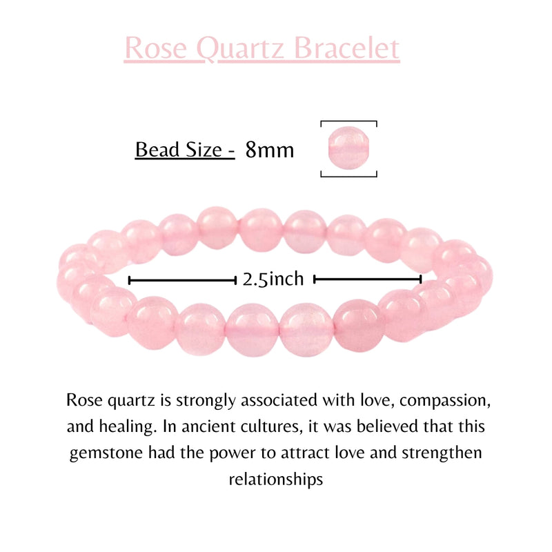 Rose Quartz Crystal with Metal Heart Charm, 8-MM Bracelet Girls Boys - Self Love Enhancer, Balances Mind & Soul, Helps in Healing & Luck