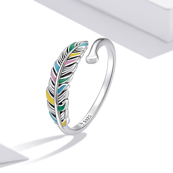 Exquisite Pastel Feather Cuff Adjustable Silver Ring