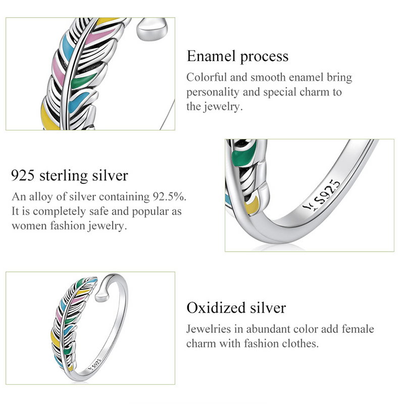 Exquisite Pastel Feather Cuff Adjustable Silver Ring
