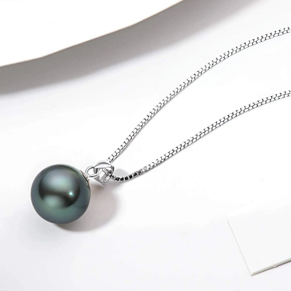 Black Pearl Round 8 MM Sterling Silver Pendant With Link Chain