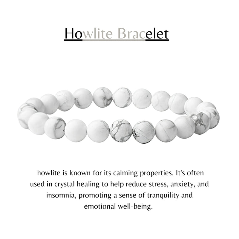 Howlite Bracelet for Women and Men 8mm Natural Crystal Stone Semi Precious Gemstone Jewellery for Healing (White)