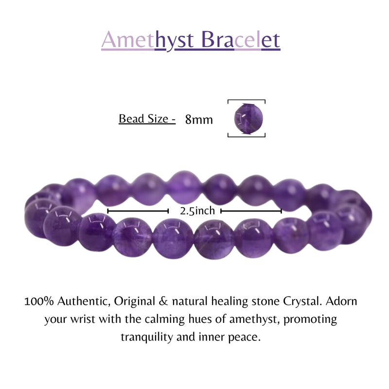 Amethyst Beads Crystal Bracelet, 8-MM Beads- Hand Beaded Stone Wear Girls, Boys, Men & Women - Positive Energy Stones, Fashion & Everyday Wear