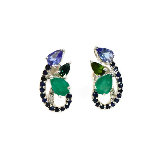 Emerald Tanzanite Sterling Silver Pear  Tops Earring - Anjoriya Jewels