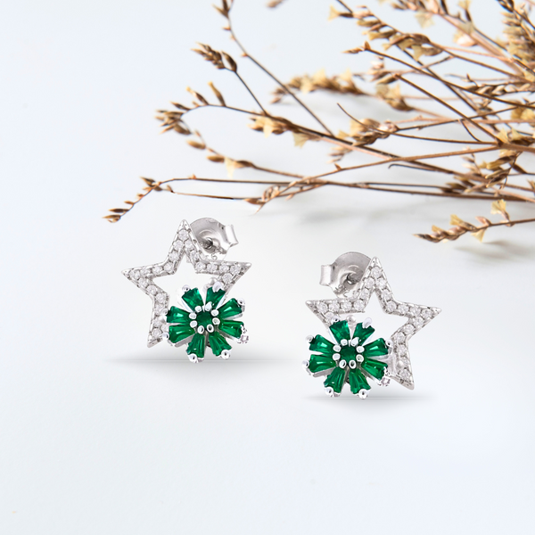 Star Shaped 925 Sterling Silver Studded With CZ Stones along with Rotating Green Crystals Flower Design.