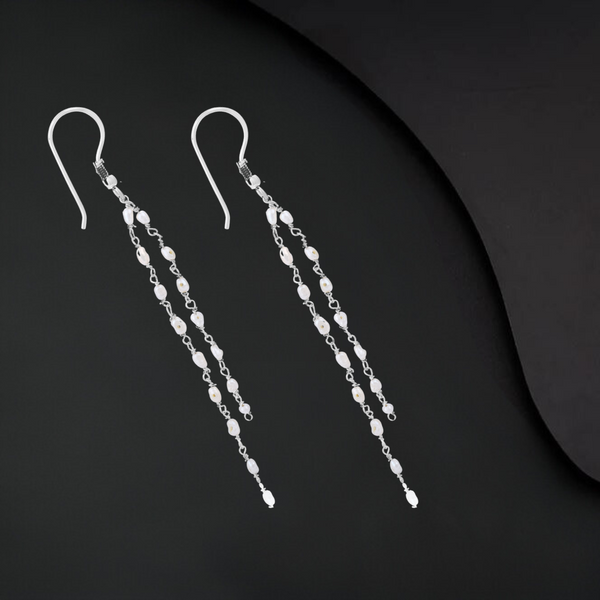 Handcrafted 925 Sterling Silver Freshwater Pearl  Gem Stone  Dangle Earring  Studded  With Silver Chain   Long Tassel Pearl Dangle Earrings - Dangling Hanging  Freshwater Pearl Drop Dangle Earring for Women Girl Bridal Wedding Gift  With Black Background 