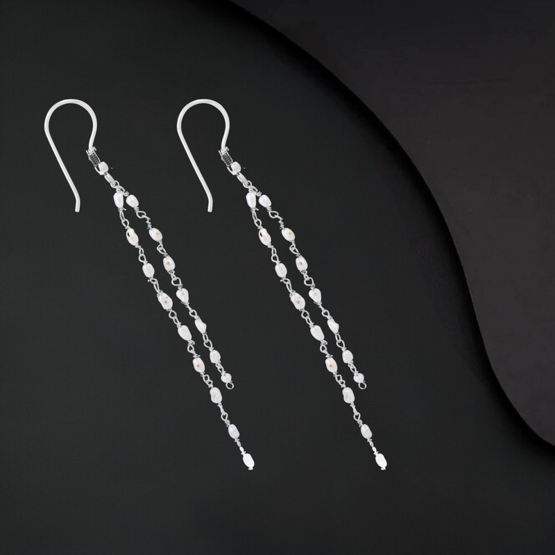 Handcrafted 925 Sterling Silver Freshwater Pearl  Gem Stone  Dangle Earring  Studded  With Silver Chain   Long Tassel Pearl Dangle Earrings - Dangling Hanging  Freshwater Pearl Drop Dangle Earring for Women Girl Bridal Wedding Gift  With Black Background 