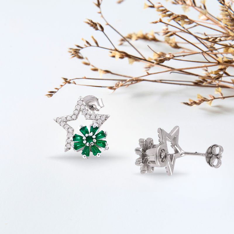 Star Shaped 925 Sterling Silver Studded With CZ Stones along with Rotating Green Crystals Flower Design.