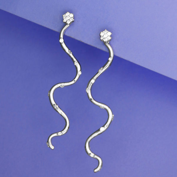 925 Sterling Silver Snake Pave earrings, Long Zig Zag earrings, Silver Spiral Earrings - Anjoriya Jewels